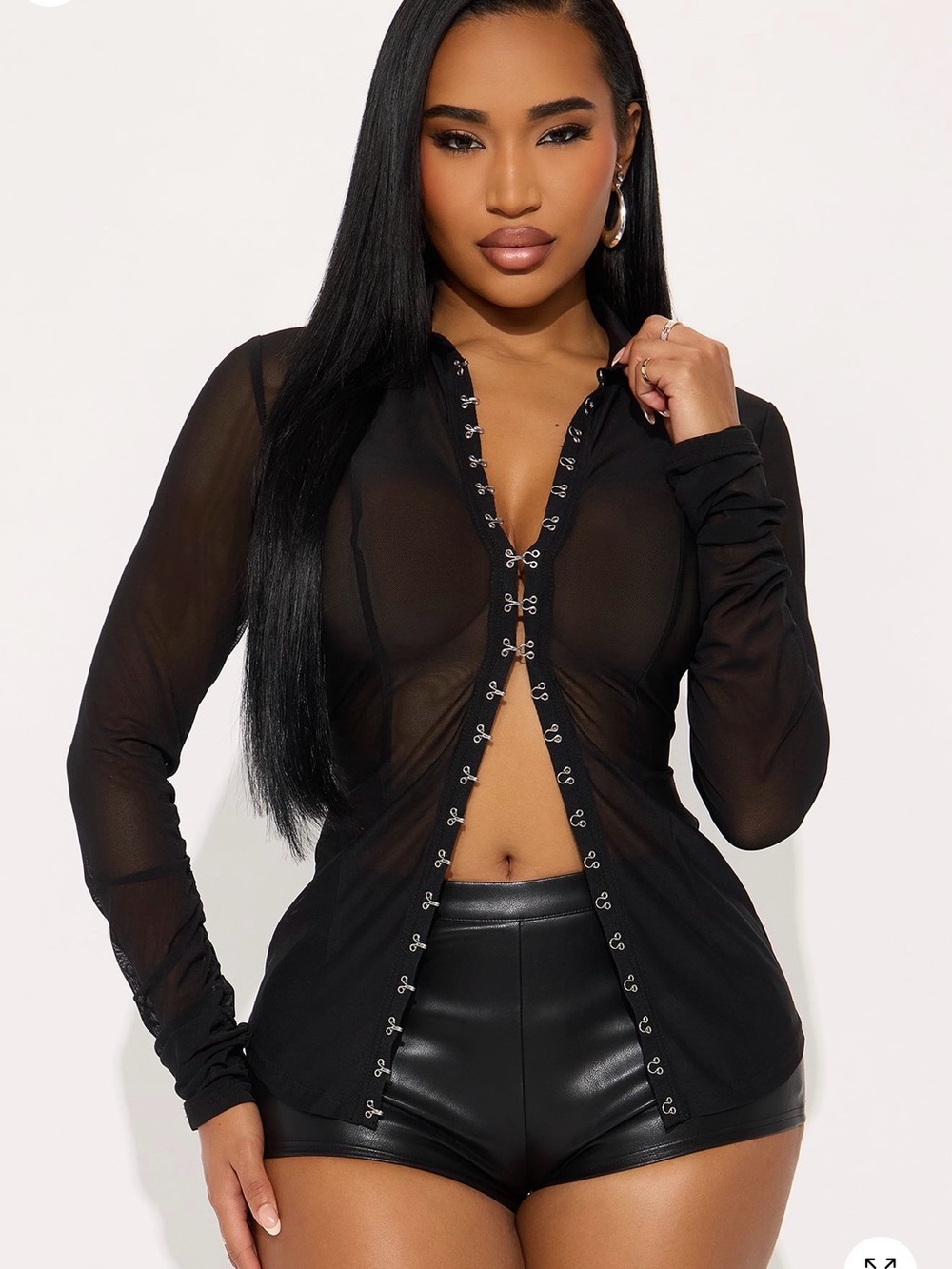 Sheer Black Hook-and-Eye Long Sleeve Top